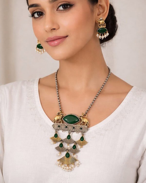 Elegant green and gold traditional Indian jewelry featuring a statement necklace and matching earrings, perfect for festive occasions and cultural celebrations.