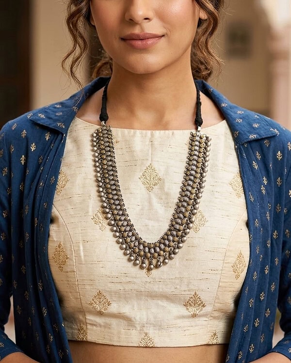 Elegant Indian jewelry necklace with traditional design, perfect for festive occasions and celebrations. Crafted with intricate details, it adds a touch of cultural charm to any outfit.