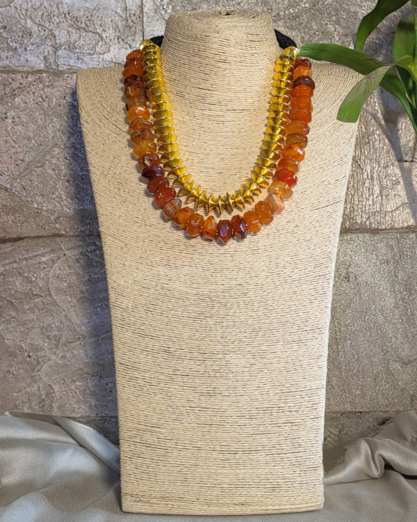Beautiful multi-layered amber and yellow beaded jewelry necklace, perfect for traditional Indian fashion and special occasions.